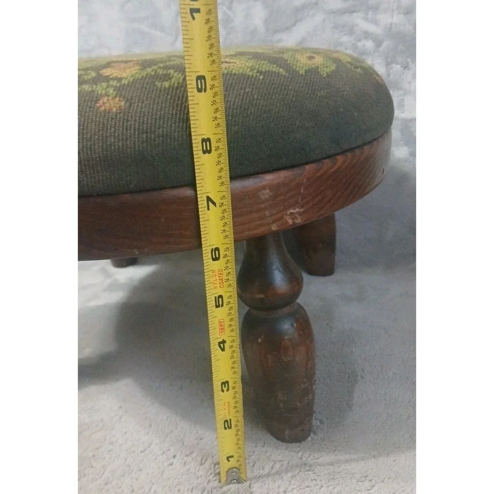 Vtg Ethan Allen Wood Footstool Turned Leg Original Needlework‎ Upholstery READ